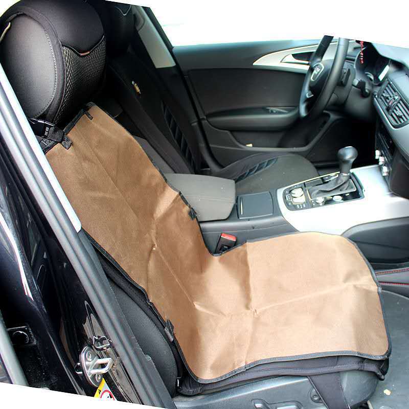 Front seat cushion in coffee (tan) on the driver seat, showing wrap-around straps and hooks