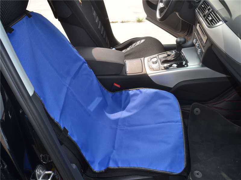 Front seat protector in blue on driver seat, installed in-car