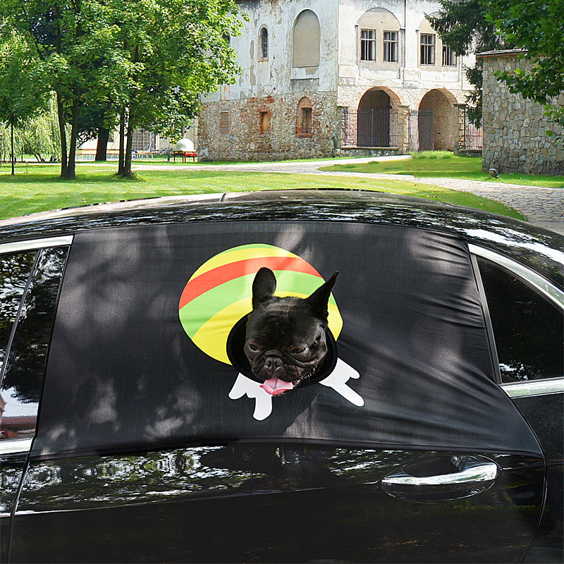 Style B (colorful ball print) installed on the rear window; a French bulldog peeks its head out through the central circular opening