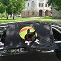 Style B (colorful ball print) installed on the rear window; a French bulldog peeks its head out through the central circular opening