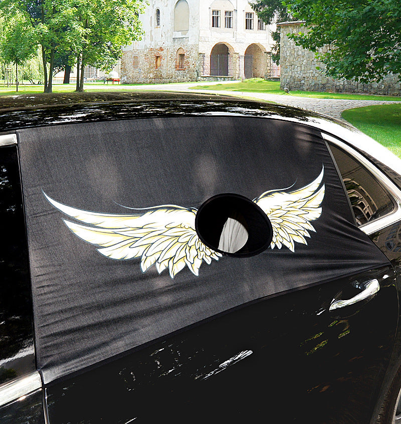 Style E (angel-wings print on dark base) installed on the rear side window; central circular opening shown with no pet (clean product view)