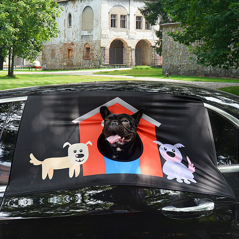Style F (doghouse with two cartoon puppies print) on the rear quarter window; a French bulldog peeks out the central opening