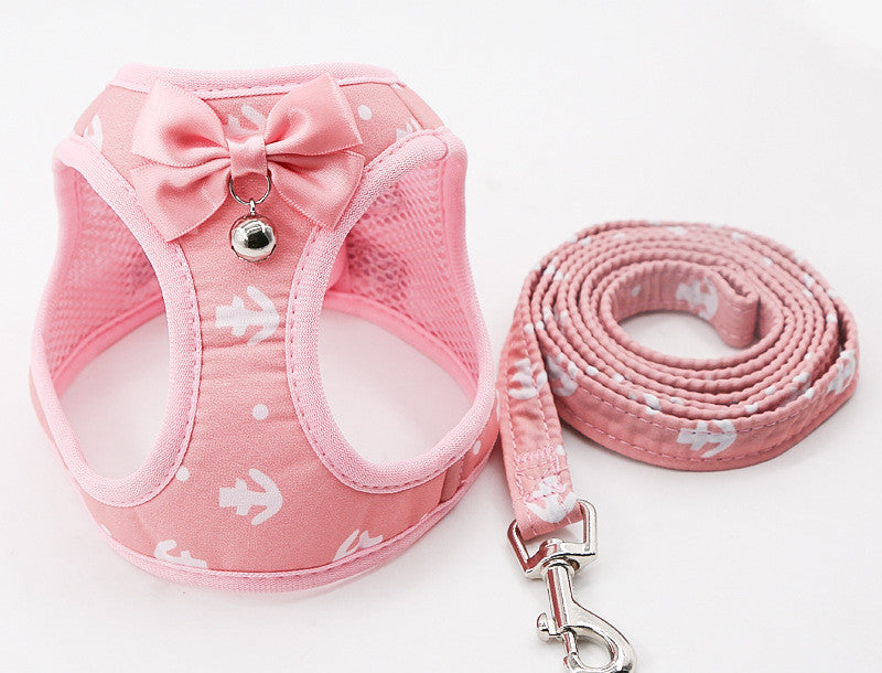 Pink nautical cat harness + matching leash, white background