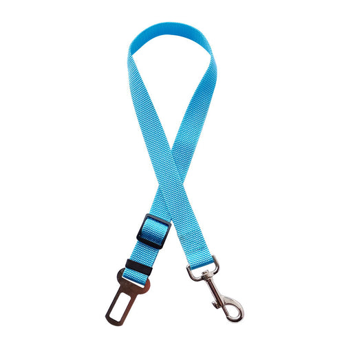 Sky blue pet car seatbelt restraint, white background