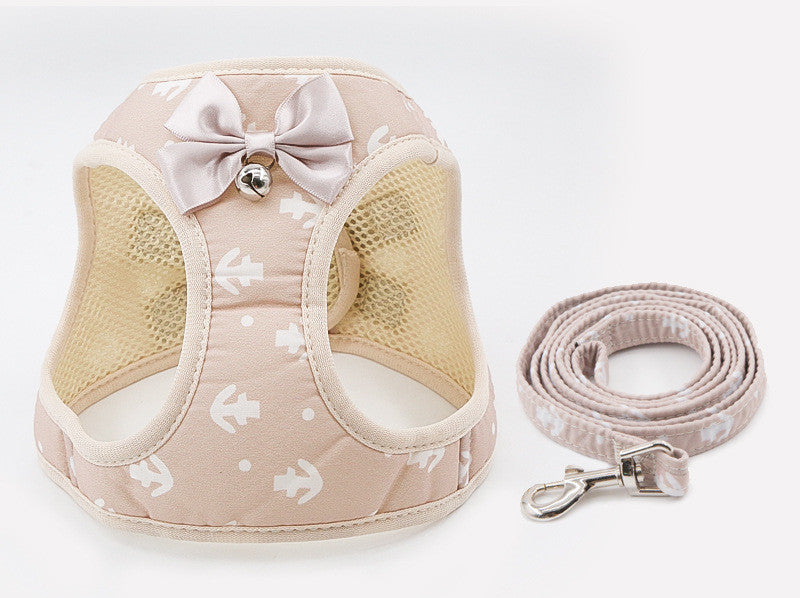 Detail: pink anchor-pattern chest harness, mesh lining