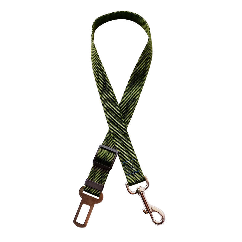 Army green pet car seatbelt, white background